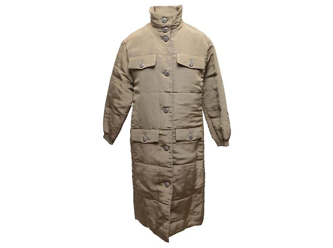 Olive Chanel Long Silk Stand Collar Coat Size FR 34