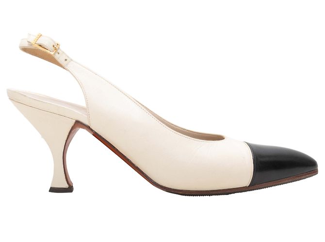 Vintage White & Black Chanel Pointed Cap-Toe Slingbacks Size 37