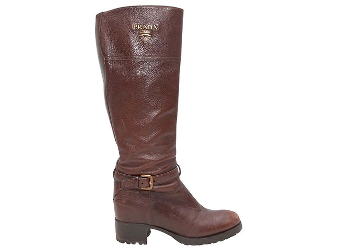 Vintage Brown Prada Knee-High Buckle Boots Size 38.5