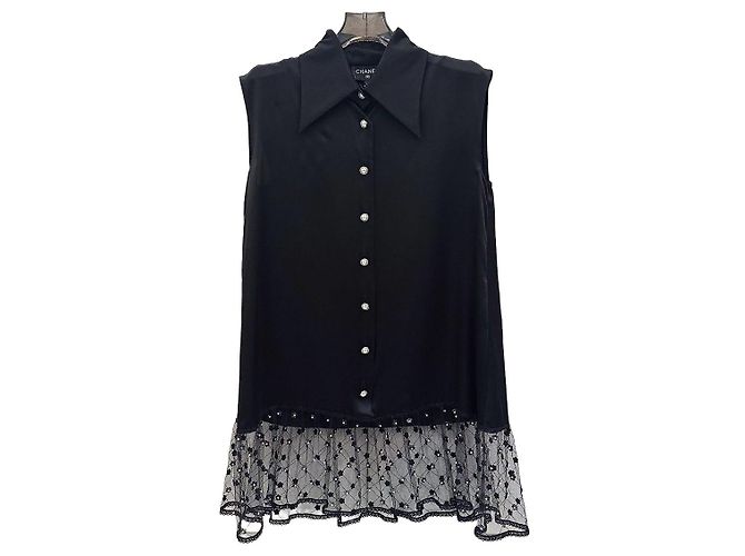 Chanel Ärmelloses Spitzenkleid mit Perlen Schwarz