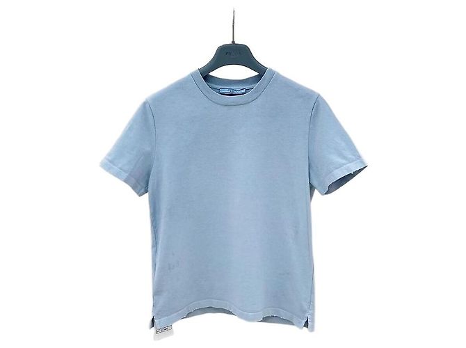 T-shirt Prada blu in cotone con logo triangolare
