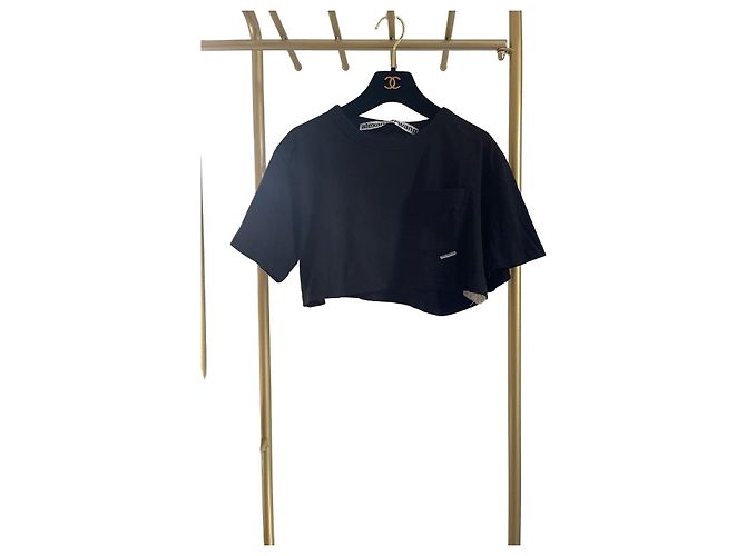 Alexander Wang Top Negro de Algodón de Manga Corta con Bolsillo Logo