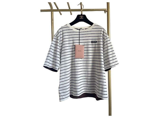 Top Miu Miu a Righe in Cotone a Maniche Corte Bianco XS