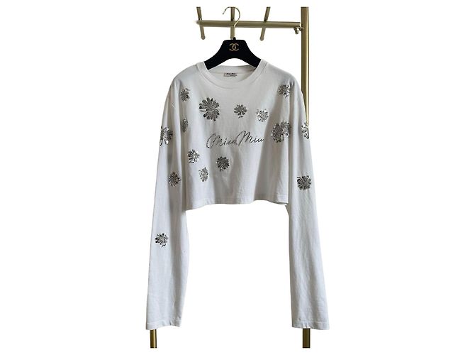 Top a maniche lunghe Miu Miu Bianco con Paillettes Floreali