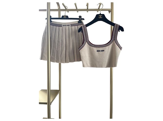 Débardeur en maille Miu Miu à logo rayé beige coton