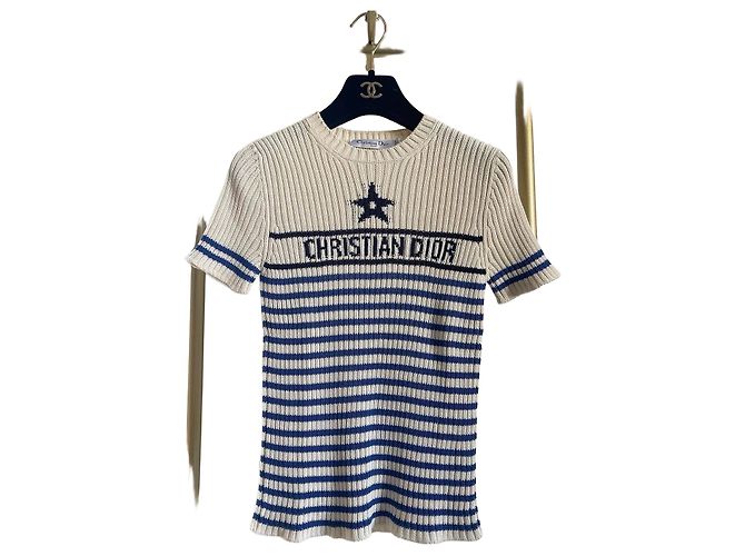 Dior Gestreifter Baumwoll Strickpullover mit kurzen Ärmeln