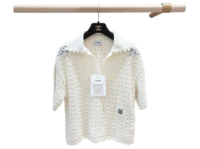 Top de punto Chanel blanco de algodón crochet calado talla 34