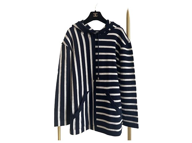 CHANEL 24S Gestreiftes Baumwoll Sweatshirt Schwarz Weiß