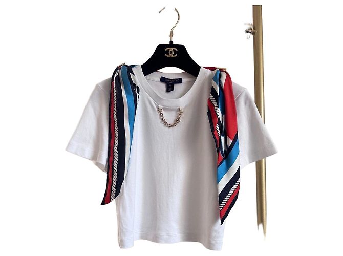 Louis Vuitton Top blanco de algodón de manga corta con estampado de pañuelo