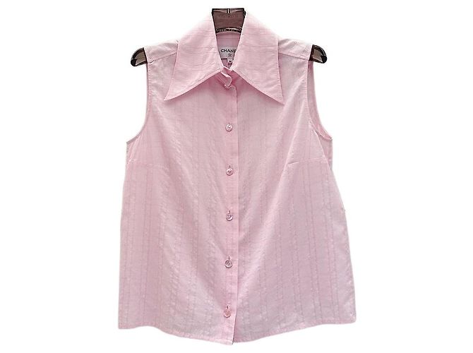 Chanel Top de Seda Rosa Sem Mangas com Colarinho
