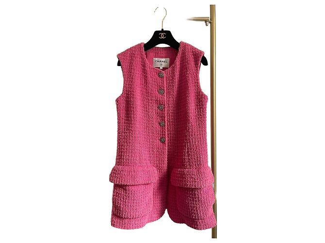Chanel 22S Pink Tweed Sleeveless Long Jacket