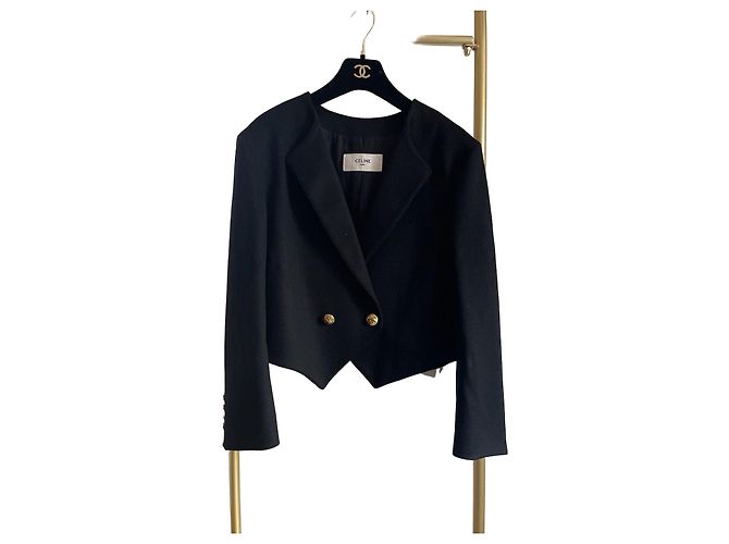 Céline Black Tweed Cropped Jacket Gold Buttons