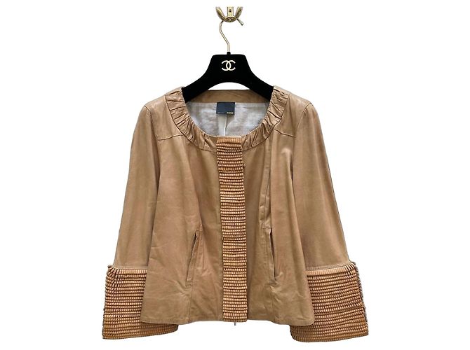 Fendi Beige Leather Jacket Woven Sleeves IT 42 Pre-owned
