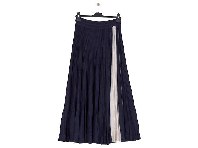 Gonna lunga plissettata in seta blu navy Eric Bompard