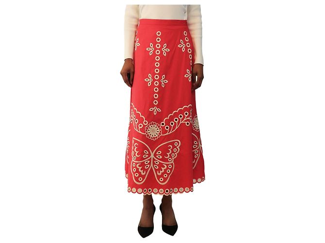 Red Valentino Falda midi de broderie anglaise rosa - size UK 6
