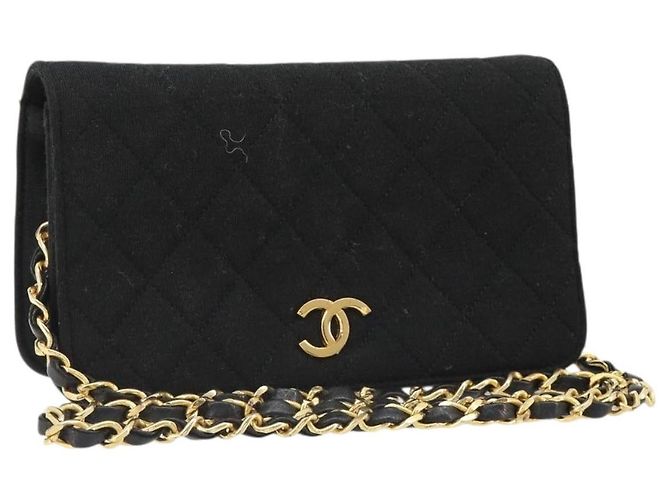 Bolsa de Ombro CHANEL Matelasse com Corrente em Algodão Preto e Dourado CC