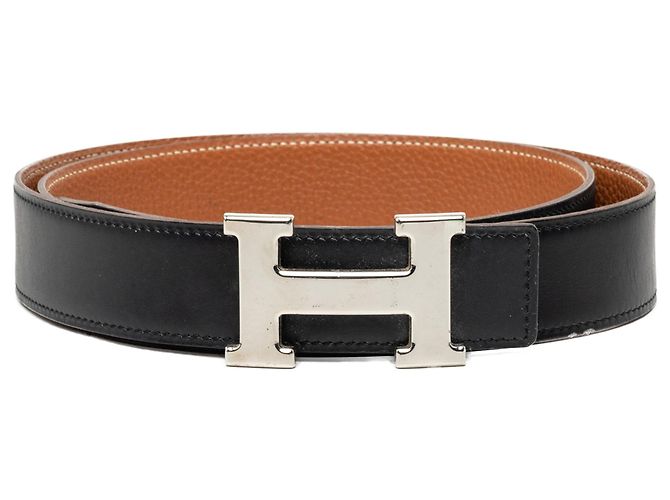 Cinto Reversível Hermès Constance H em couro Box Calf e Togo preto