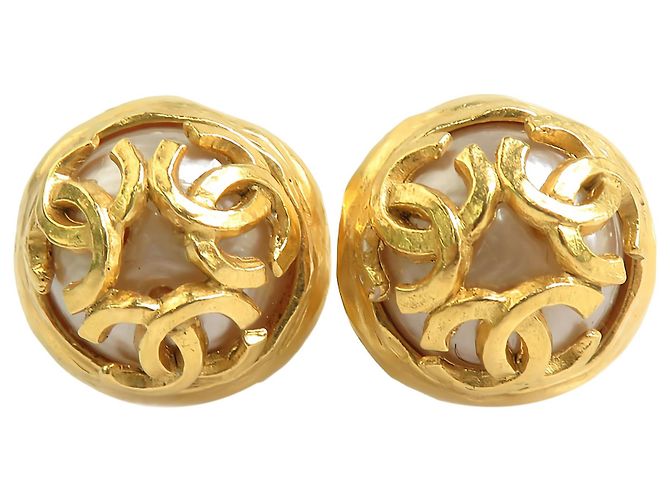 Boucles d'oreilles clips Chanel Gold CC plaquées or avec fausses perles