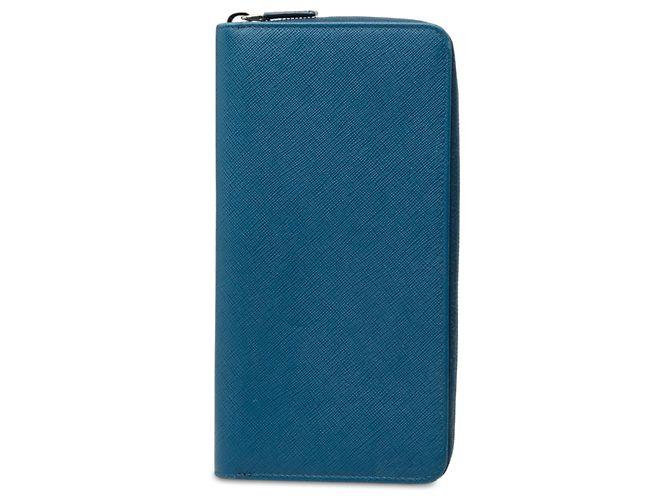 Prada Blue Saffiano Zip Around Portfolio Wallet
