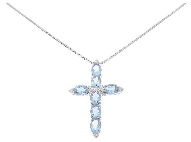 Autre Marque Collana Au750 Croce Acquamarina e Diamanti