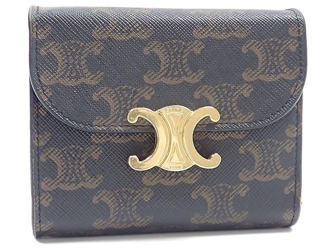 Céline Carteira Tri-fold Celine em lona castanha