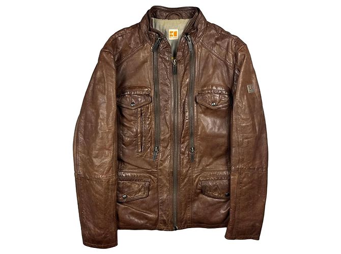 Hugo Boss Orange Brown Leather Biker Jacket Medium Genuine Leather Size M / 48