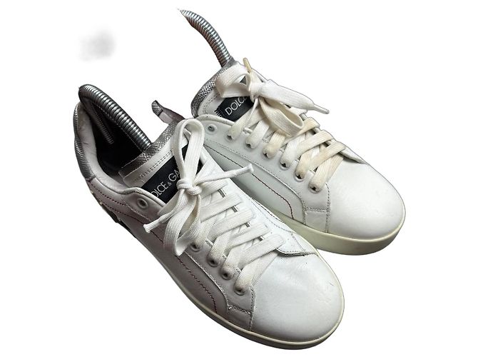 Dolce & Gabbana Sneakers Donna Pelle Bianca e Argento Taglia 38
