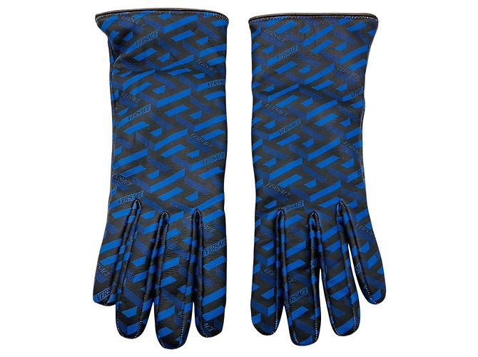 Versace Blue / Black Logo Print Lammleder-Handschuhe
