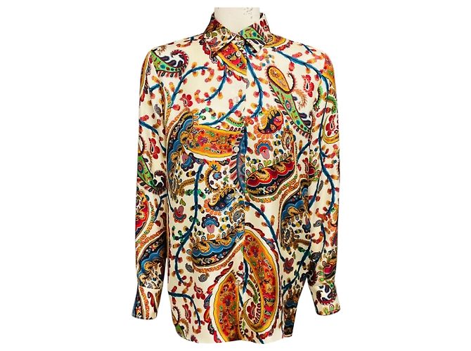 Camicia in twill di seta Etro Ivory Multi Floral Paisley Motif