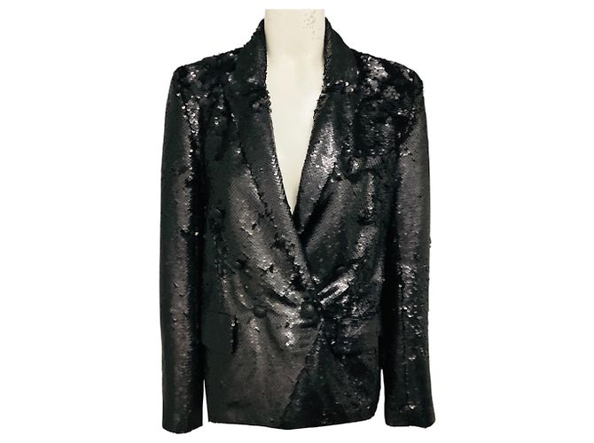 L'Agence Matte Black Kenzie Double Breasted Sequin Blazer