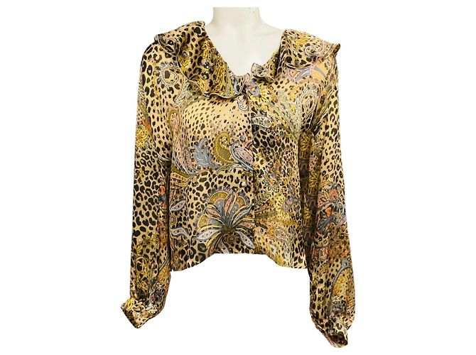 Camisa de seda Moro Etro Beige Multi Paisley e estampa de leopardo com gola rufada