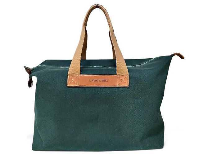 Lancel borsa da viaggio in tela verde e pelle marrone