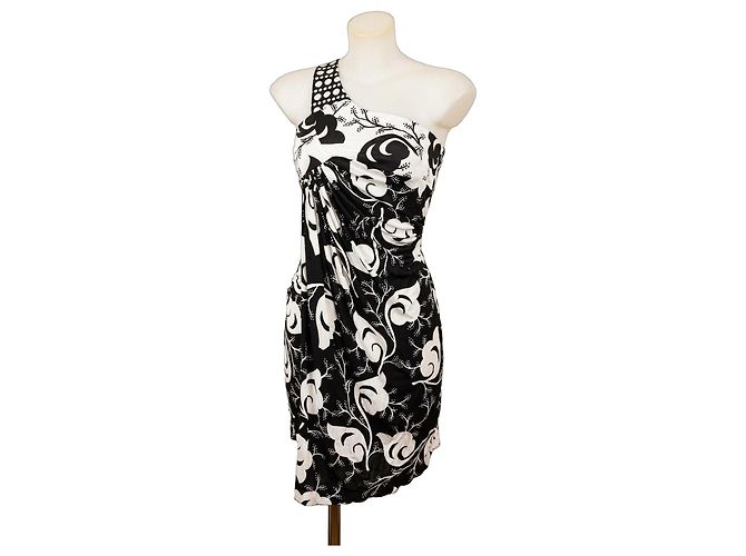 Versus Versace One-Shoulder Kleid Blumenprint Seide Schwarz Weiß