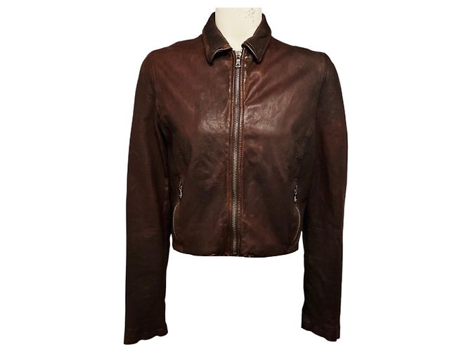 Dolce & Gabbana Brown Distressed Lambskin Leather Cropped Zip Front Jacket