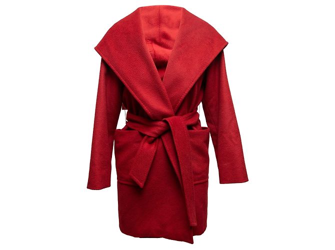 Red Max Mara Hooded Camel Hair Wrap Coat Size US 4