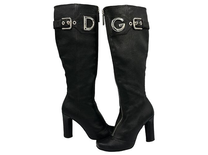 Dolce & Gabbana Black Leather Knee-High Boots with DG Logo