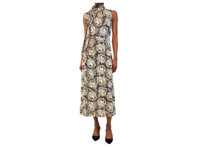 Prada Vestido midi floral creme e azul com gola anudada - size UK 6