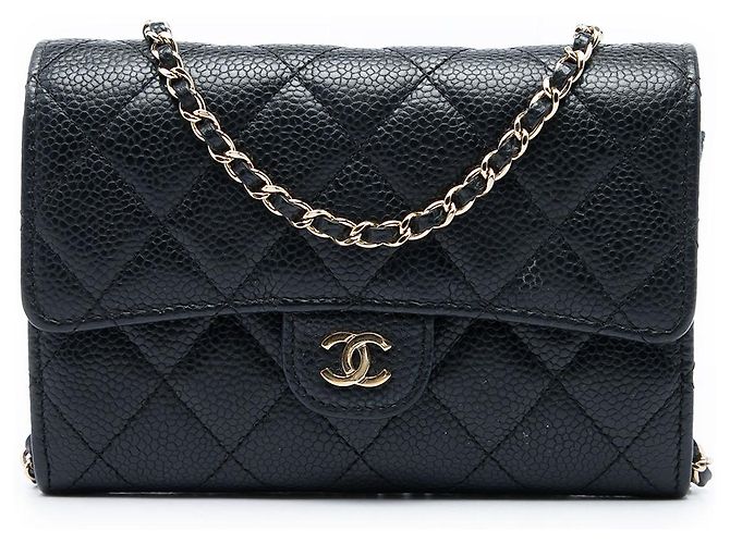 Chanel Black Mini Classic Caviar Flap Wallet on Chain