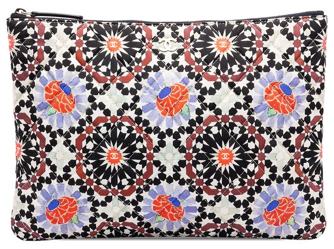 Chanel White Paris Dubai Medium Quilted Printed Canvas O Case Clutch