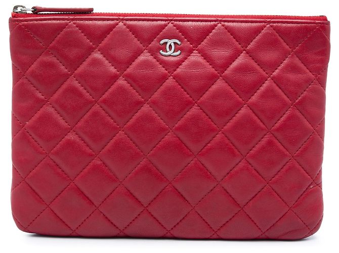 Chanel Red Small Quilted Lambskin O Case Clutch