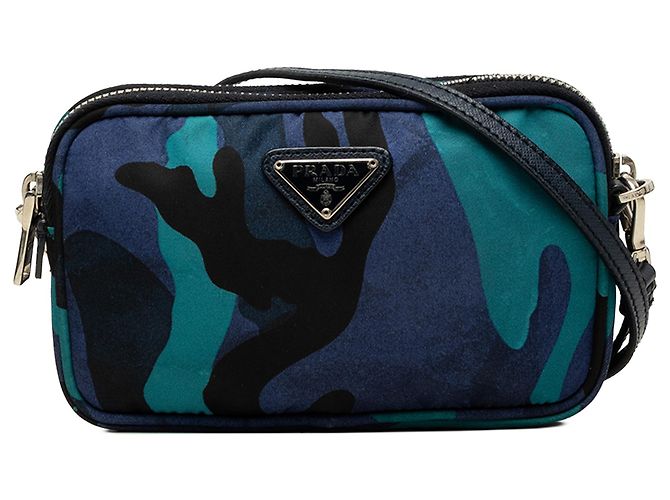Prada Blue Mini Tessuto Camouflage Double Zip Camera Bag