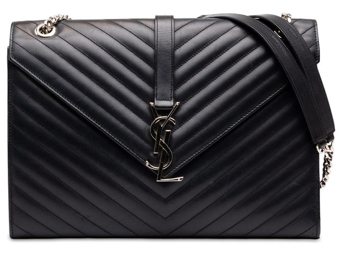 Autre Marque Bolsa Envelope Saint Laurent Large em Pele de Bezerro Chevron Monogram Black