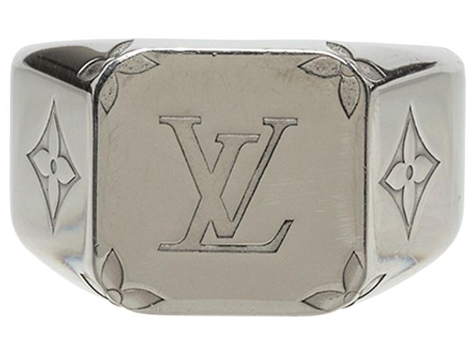 Anel de Sinete Louis Vuitton Monogram em latão prateado