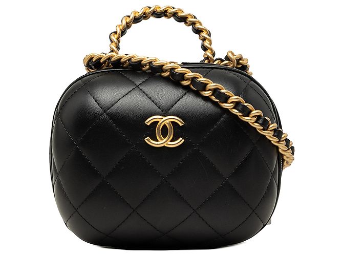 Vanity Estojo de Maquilhagem Chanel CC Bubble em pele de cordeiro acolchoada preta com corrente
