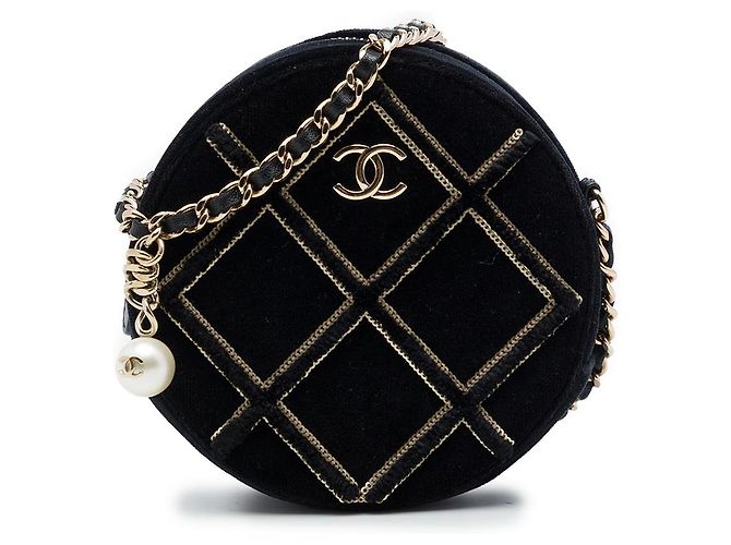 Chanel Borsa a Tracolla Rotonda in Velluto Nero, Perle e Paillettes