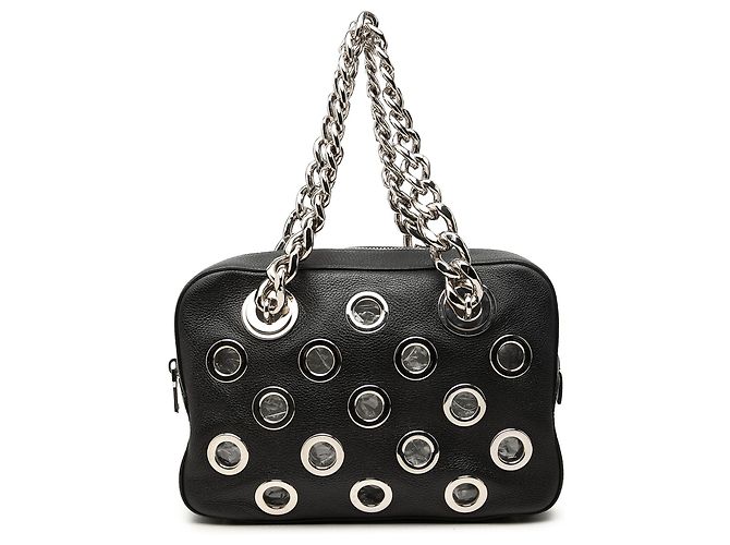 Bolsa de Ombro Prada em Vitello Daino Preta com Corrente e Ilhoses