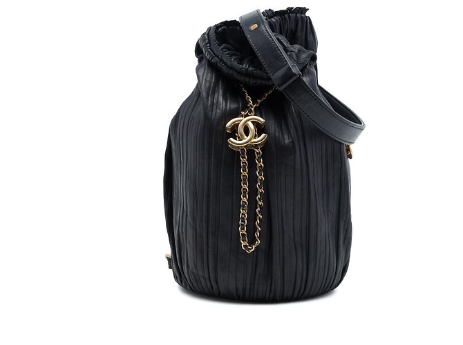 Chanel Black Small Calfskin Coco Pleats Drawstring Backpack