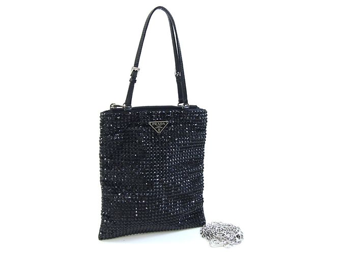 Bolsa de Ombro Prada em Couro, Cetim Preto e Cristais