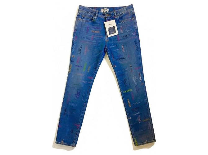 Chanel 22P Logo Bedruckte Denim Jeans Blau & Multicolor FR 40