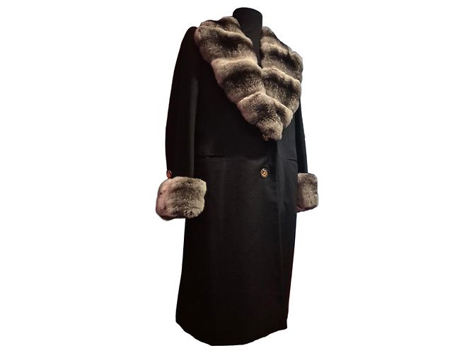 Brioni Black Wool Fur Collar Coat